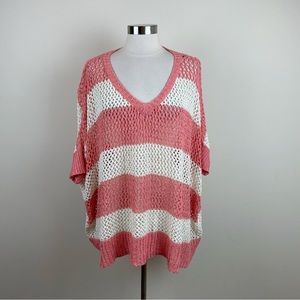 Almost Pink White Stripe Crochet Knit Blouse Top Women Medium